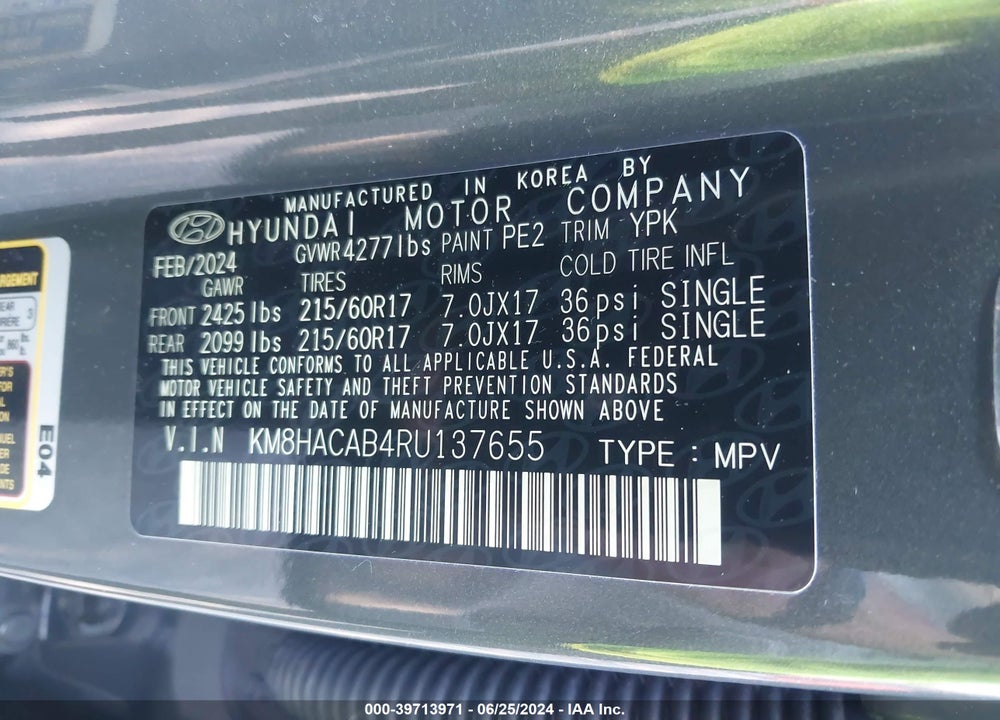 2024 HYUNDAI KONA SE VIN: KM8HACAB4RU137655