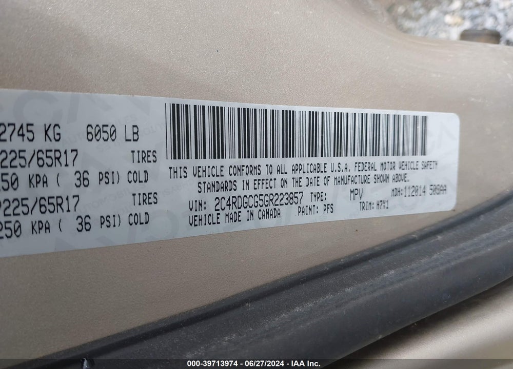 2016 DODGE GRAND CARAVAN SXT VIN: 2C4RDGCG5GR223857