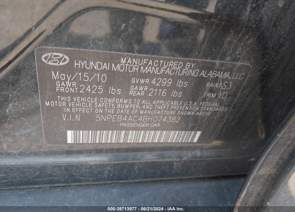 2011 HYUNDAI SONATA GLS VIN: 5NPEB4AC4BH074382
