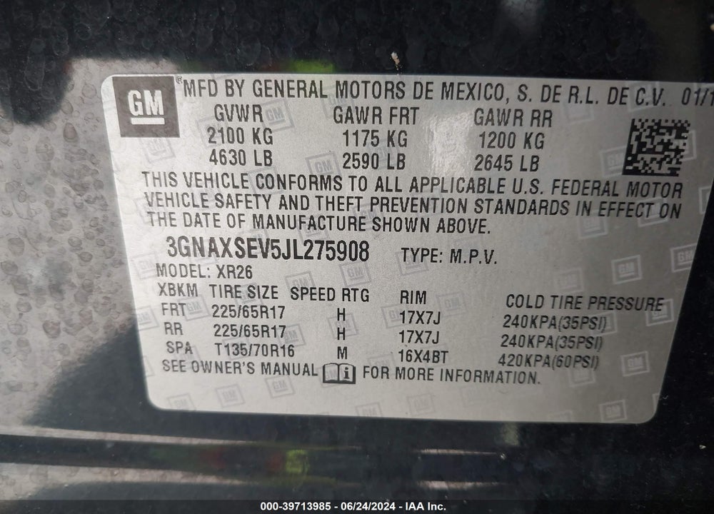 2018 CHEVROLET EQUINOX LT VIN: 3GNAXSEV5JL275908