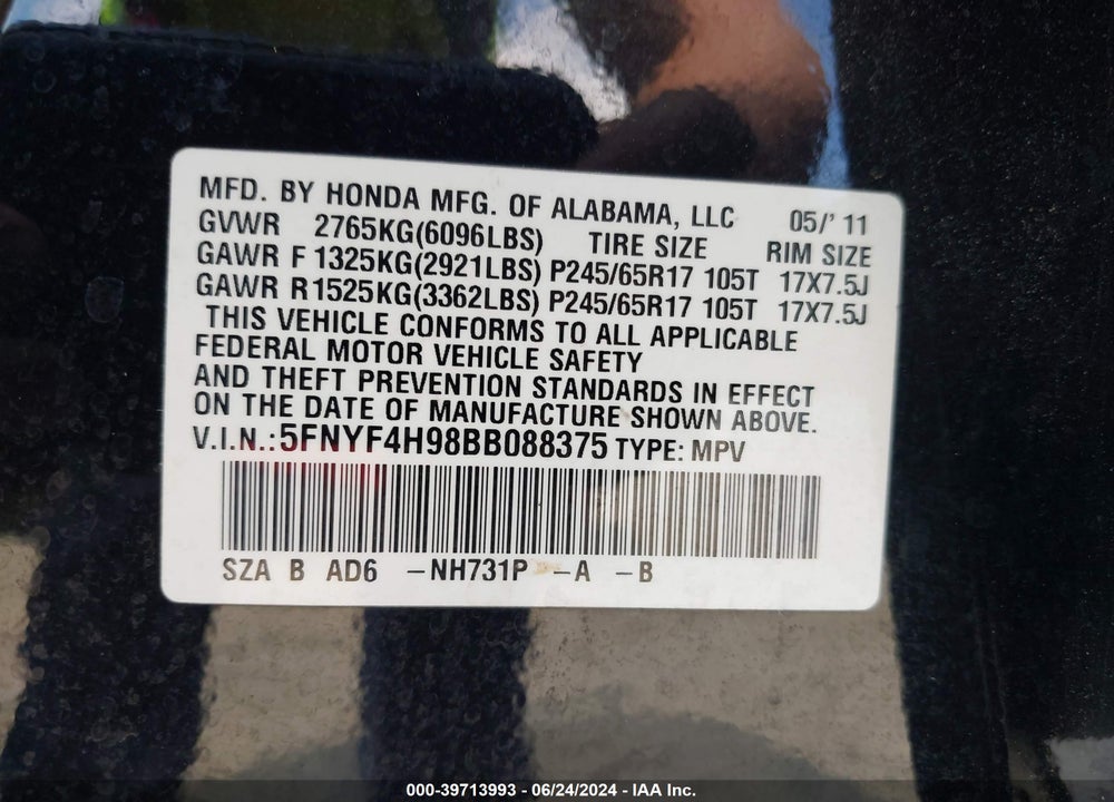 2011 HONDA PILOT TOURING VIN: 5FNYF4H98BB088375