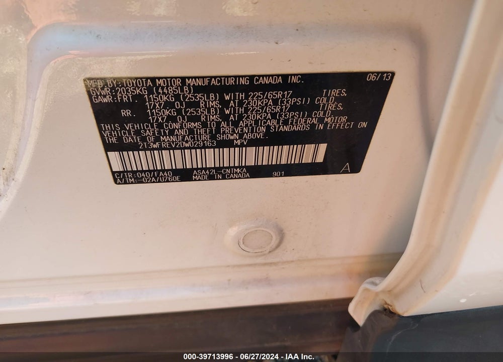 2013 TOYOTA RAV4 XLE VIN: 2T3WFREV2DW029163