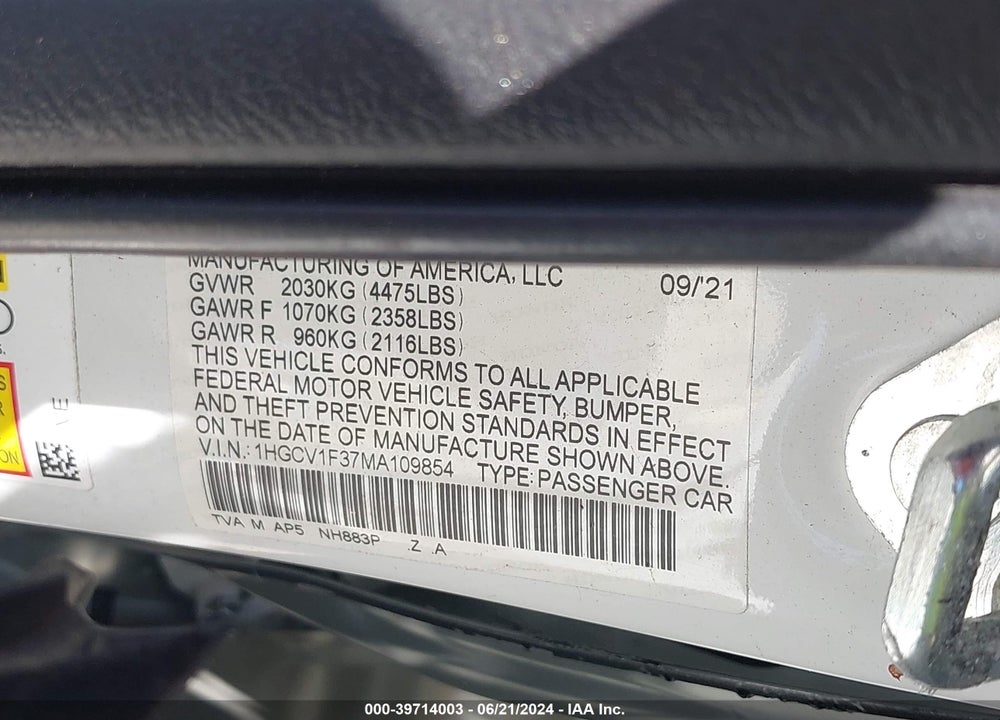 2021 HONDA ACCORD SPORT VIN: 1HGCV1F37MA109854