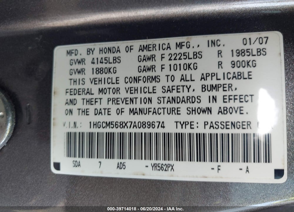 2007 HONDA ACCORD 2.4 EX VIN: 1HGCM568X7A089674