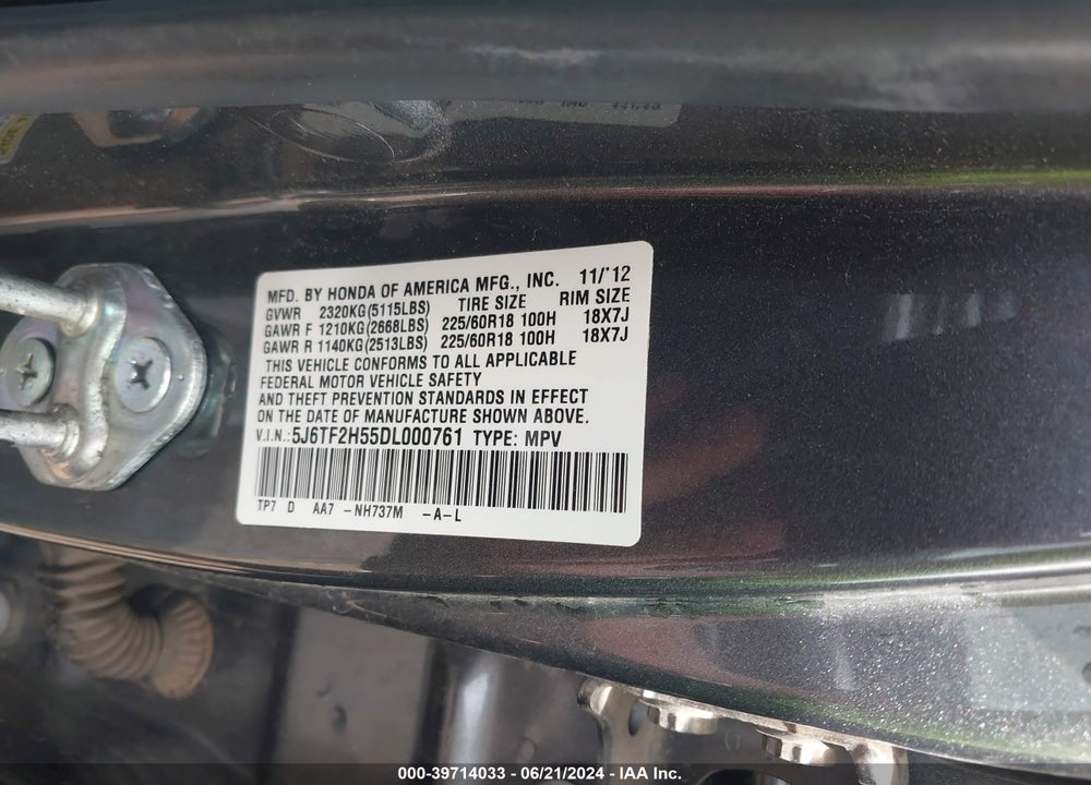 2013 HONDA CROSSTOUR EX-L V6 VIN: 5J6TF2H55DL000761