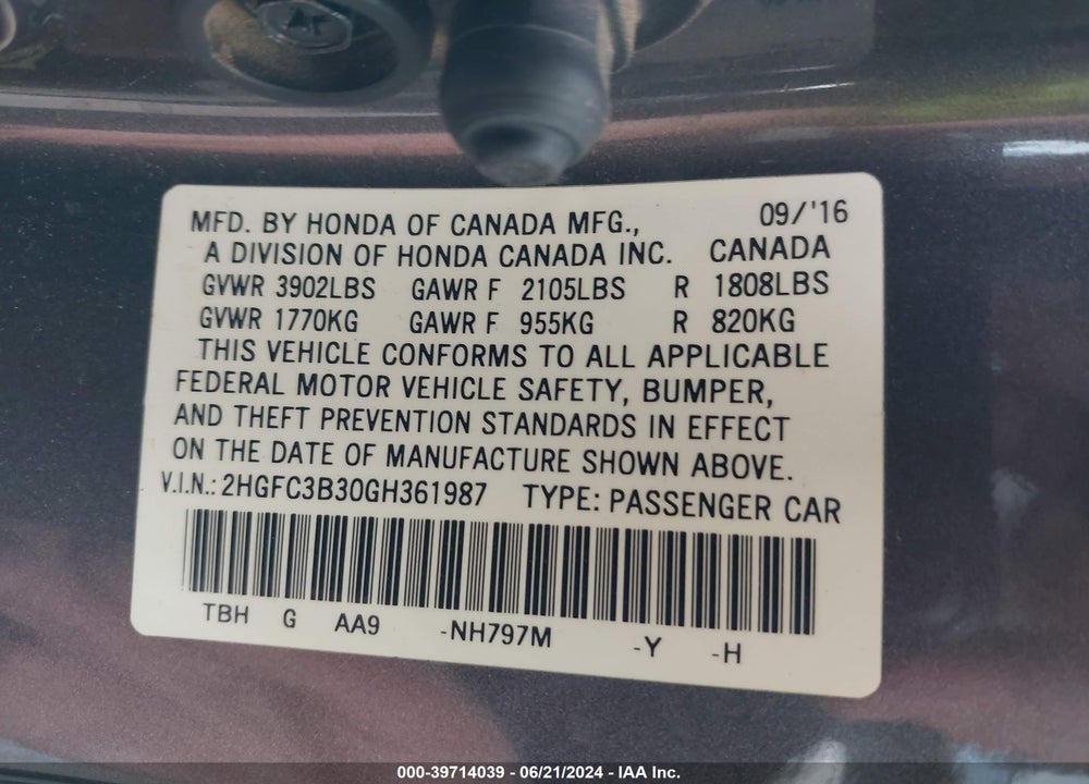 2016 HONDA CIVIC EX-T VIN: 2HGFC3B30GH361987