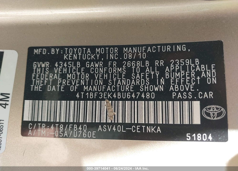 2011 TOYOTA CAMRY LE VIN: 4T1BF3EK4BU647480