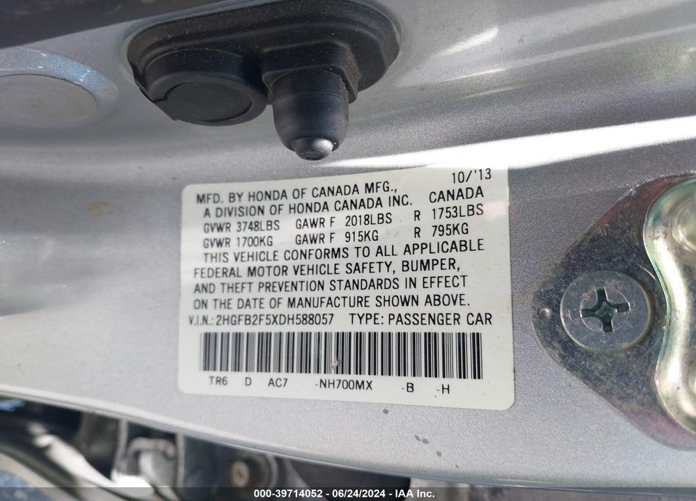 2013 HONDA CIVIC LX VIN: 2HGFB2F5XDH588057