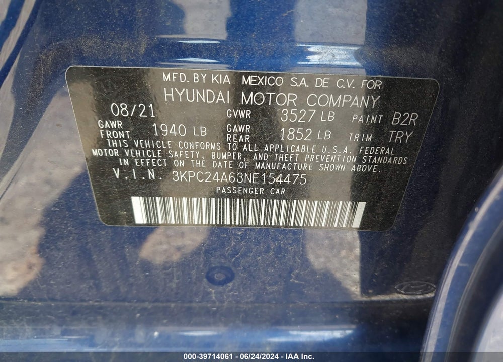 2022 HYUNDAI ACCENT SE VIN: 3KPC24A63NE154475