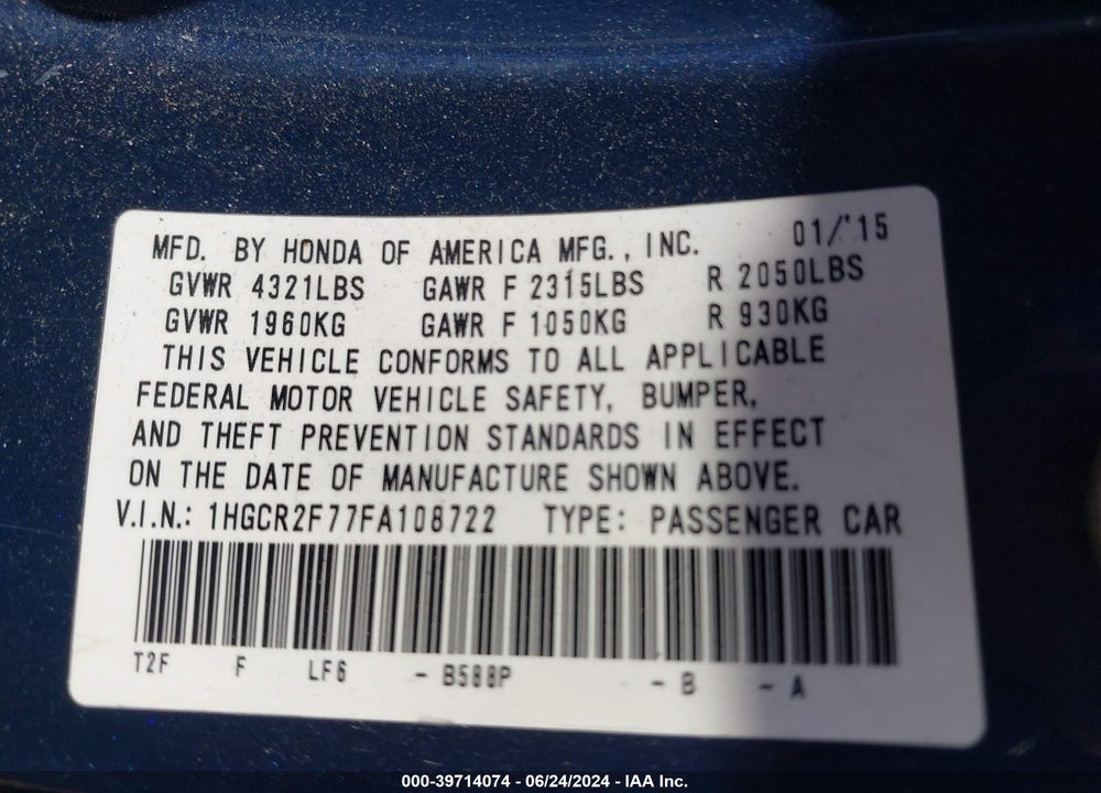 2015 HONDA ACCORD EX VIN: 1HGCR2F77FA108722