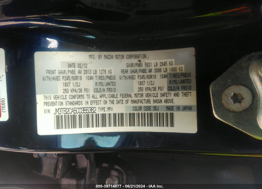 2012 MAZDA CX-9 TOURING VIN: JM3TB2CA5C0355362
