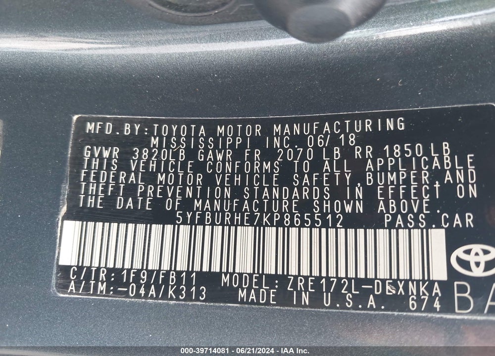 2019 TOYOTA COROLLA LE VIN: 5YFBURHE7KP865512