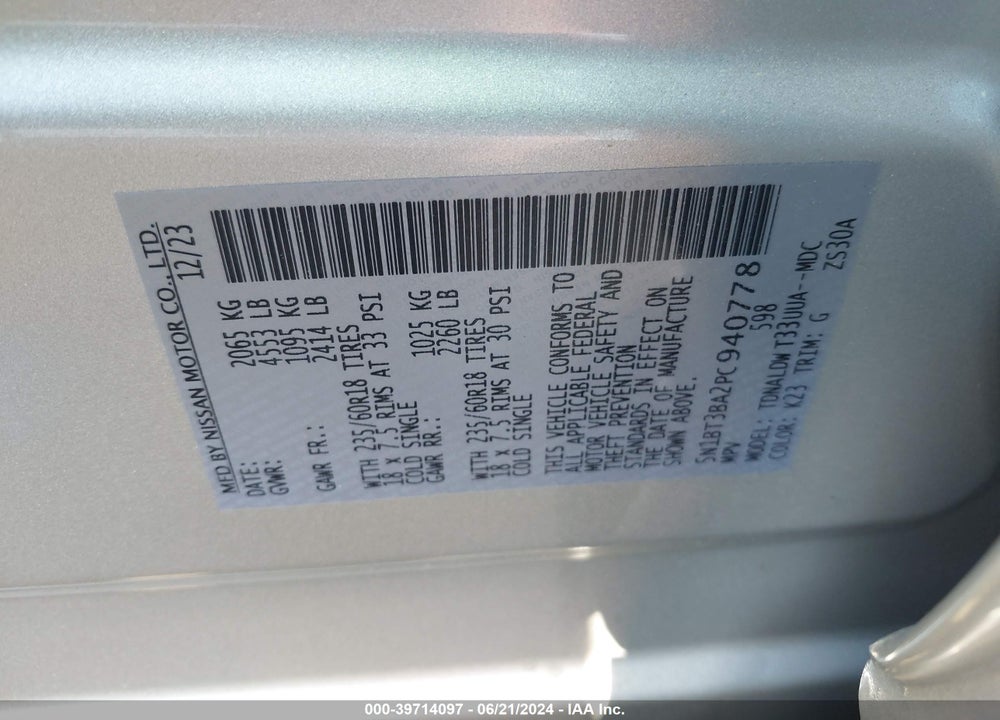 2023 NISSAN ROGUE SV FWD VIN: 5N1BT3BA2PC940778