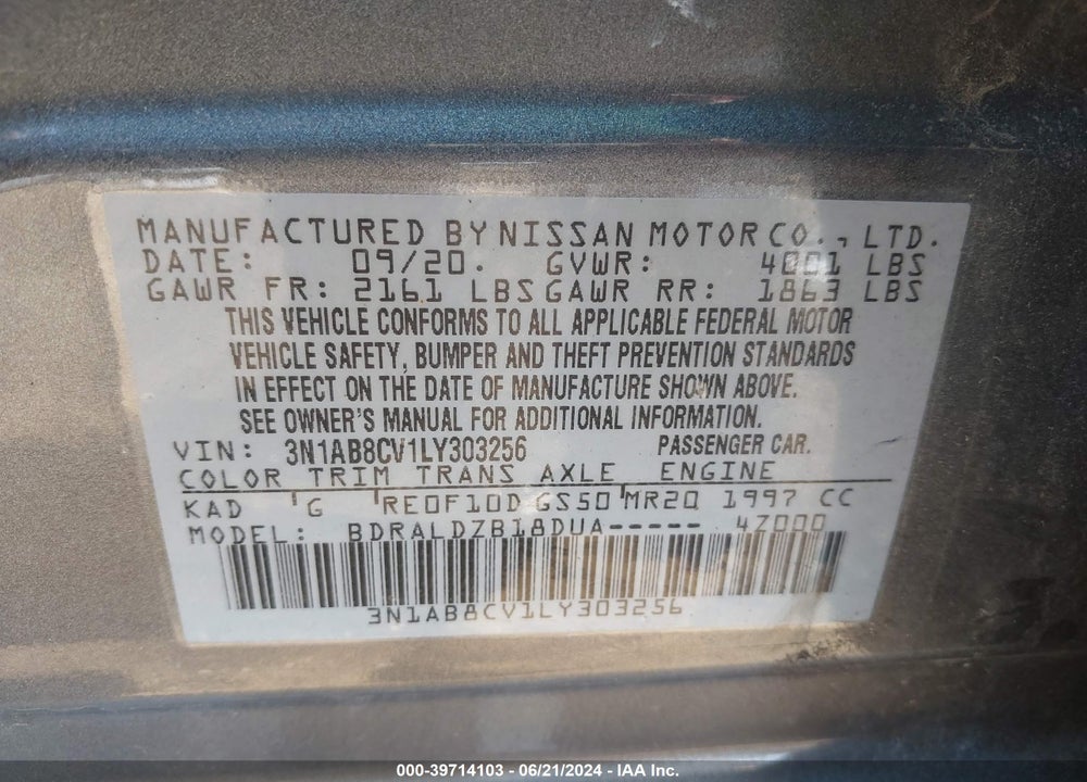 2020 NISSAN SENTRA SV XTRONIC CVT VIN: 3N1AB8CV1LY303256