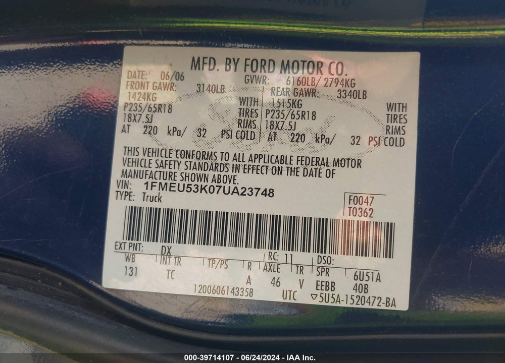 2007 FORD EXPLORER SPORT TRAC LIMITED VIN: 1FMEU53K07UA23748