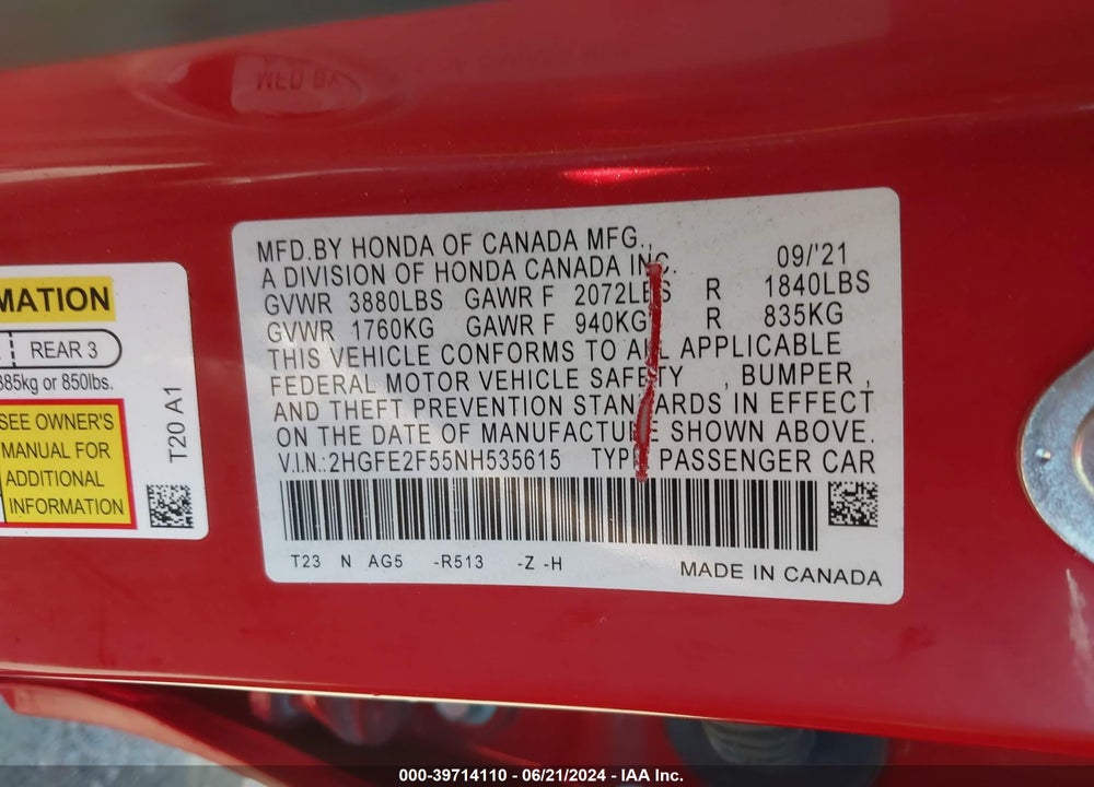 2022 HONDA CIVIC SPORT VIN: 2HGFE2F55NH535615