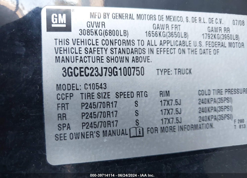2009 CHEVROLET SILVERADO 1500 LT VIN: 3GCEC23J79G100750