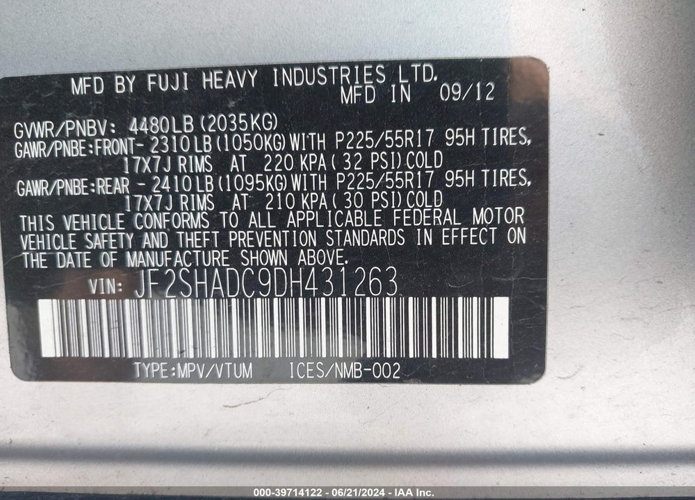 2013 SUBARU FORESTER 2.5X PREMIUM VIN: JF2SHADC9DH431263