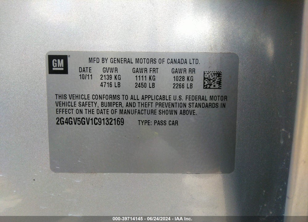 2012 BUICK REGAL GS VIN: 2G4GV5GV1C9132169