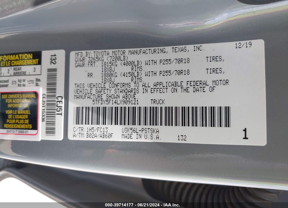 2020 TOYOTA TUNDRA SR5 VIN: 5TFDY5F14LX909121