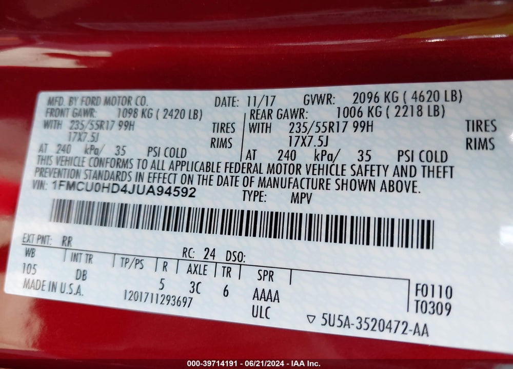 2018 FORD ESCAPE SEL VIN: 1FMCU0HD4JUA94592
