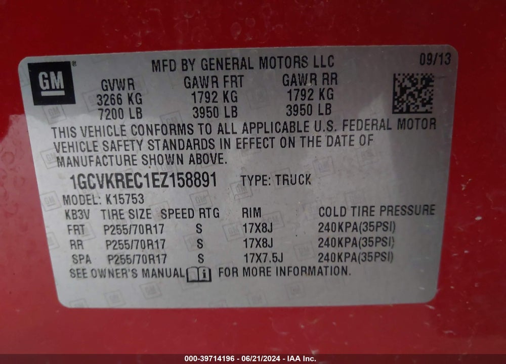 2014 CHEVROLET SILVERADO 1500 1LT VIN: 1GCVKREC1EZ158891