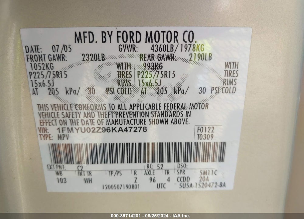 2006 FORD ESCAPE XLS/XLS MANUAL VIN: 1FMYU02Z96KA47278