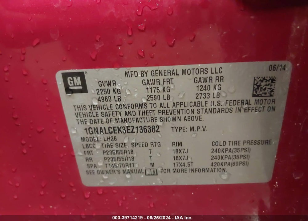 2014 CHEVROLET EQUINOX 2LT VIN: 1GNALCEK3EZ136382