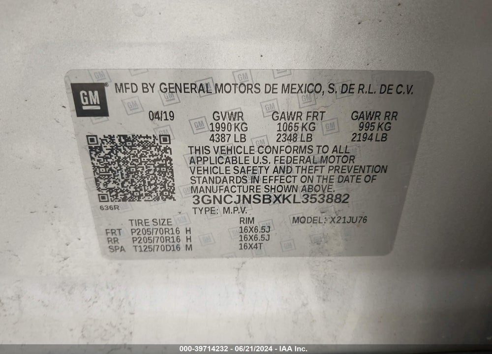 2019 CHEVROLET TRAX LS VIN: 3GNCJNSBXKL353882