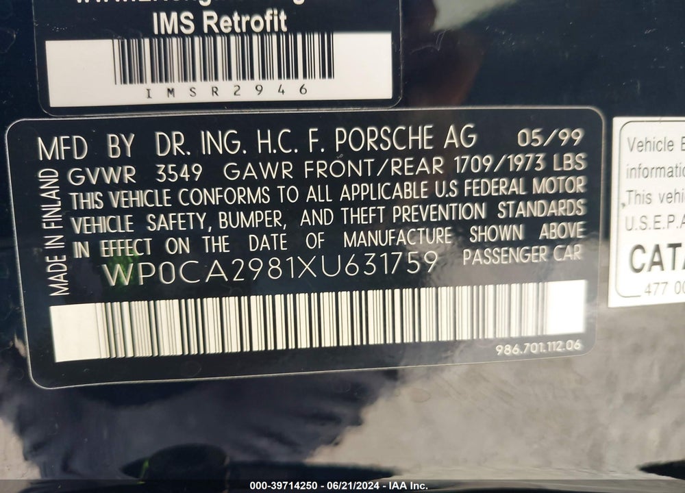 1999 PORSCHE BOXSTER VIN: WP0CA2981XU631759