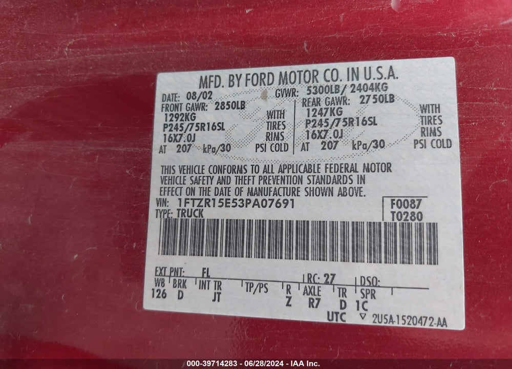 2003 FORD RANGER XLT VIN: 1FTZR15E53PA07691