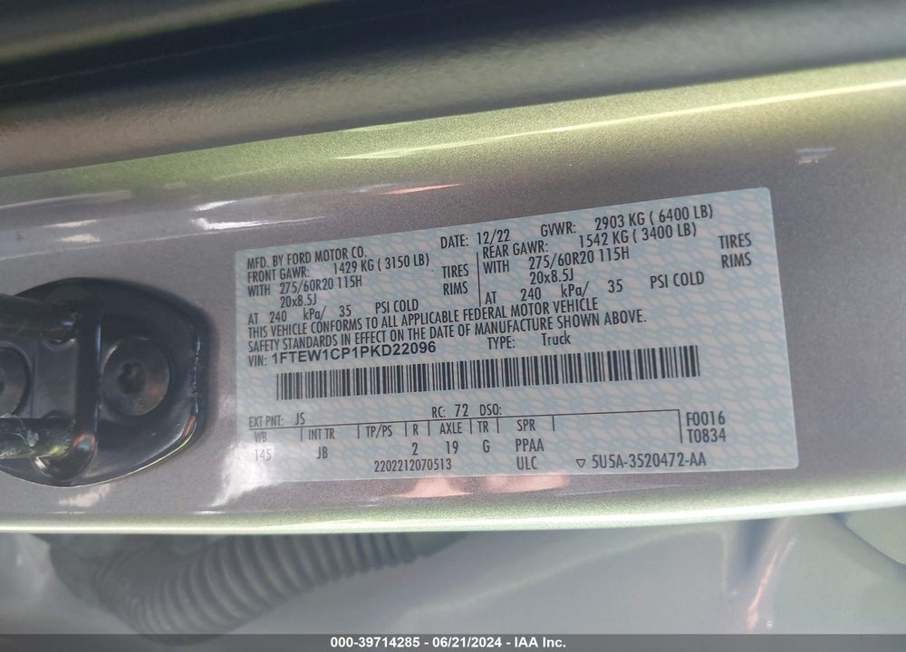 2023 FORD F-150 XL VIN: 1FTEW1CP1PKD22096