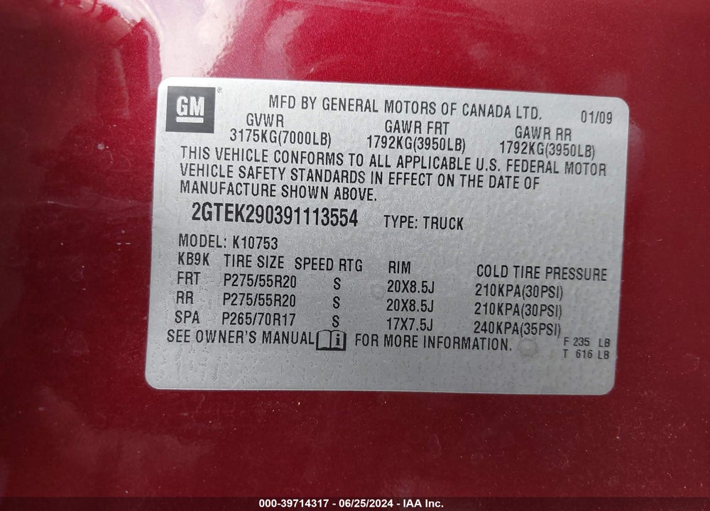 2009 GMC SIERRA 1500 SLE VIN: 2GTEK290391113554