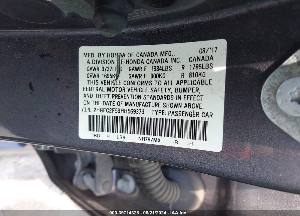 2017 HONDA CIVIC LX VIN: 2HGFC2F59HH569373