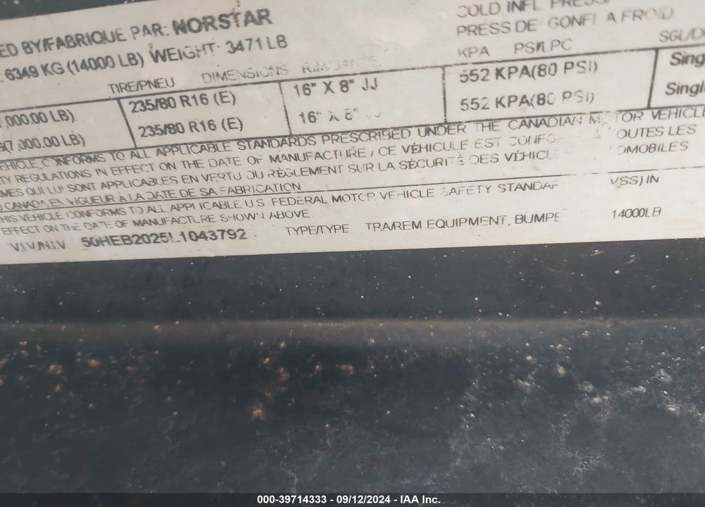 2020 NORSTAR TRAILERS --- VIN: 50HEB2025L1043792