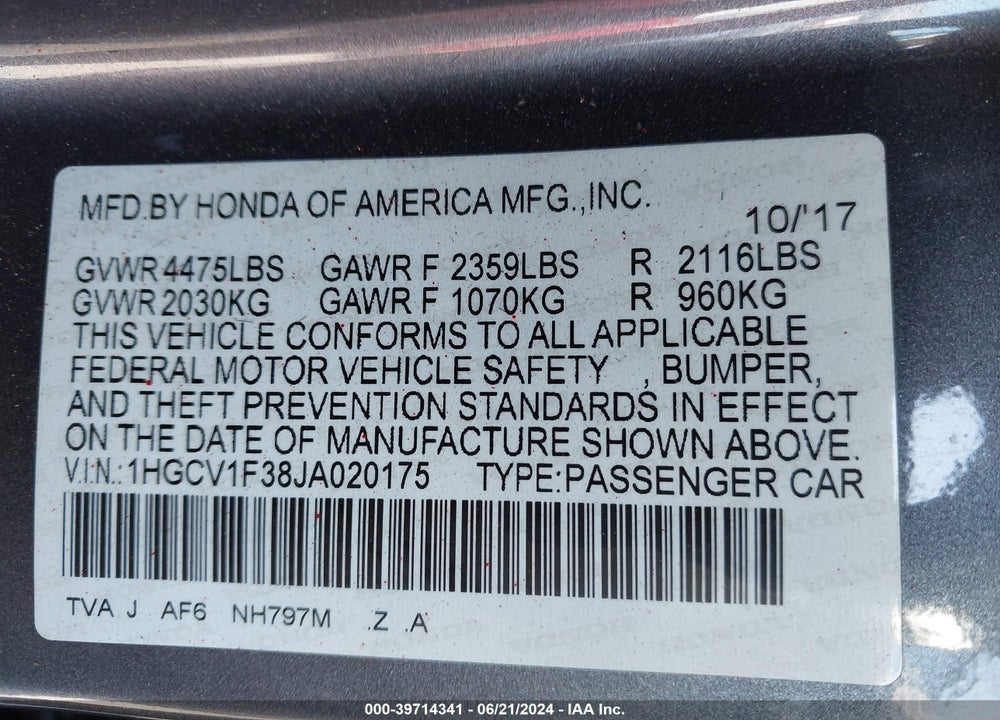 2018 HONDA ACCORD SPORT VIN: 1HGCV1F38JA020175