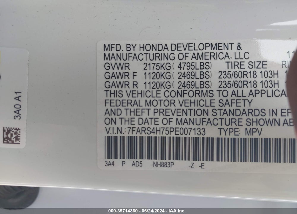 2023 HONDA CR-V EX-L AWD VIN: 7FARS4H75PE007133