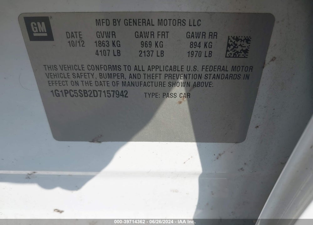 2013 CHEVROLET CRUZE 1LT AUTO VIN: 1G1PC5SB2D7157942