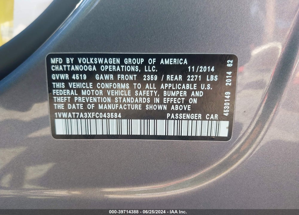 2015 VOLKSWAGEN PASSAT 1.8T WOLFSBURG EDITION VIN: 1VWAT7A3XFC043584