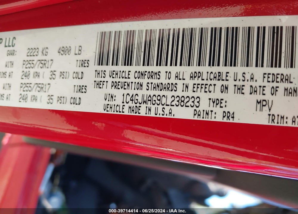 2012 JEEP WRANGLER SPORT VIN: 1C4GJWAG9CL238233