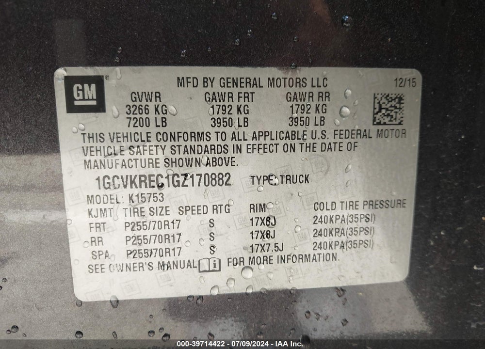 2016 CHEVROLET SILVERADO 1500 1LT VIN: 1GCVKREC1GZ170882