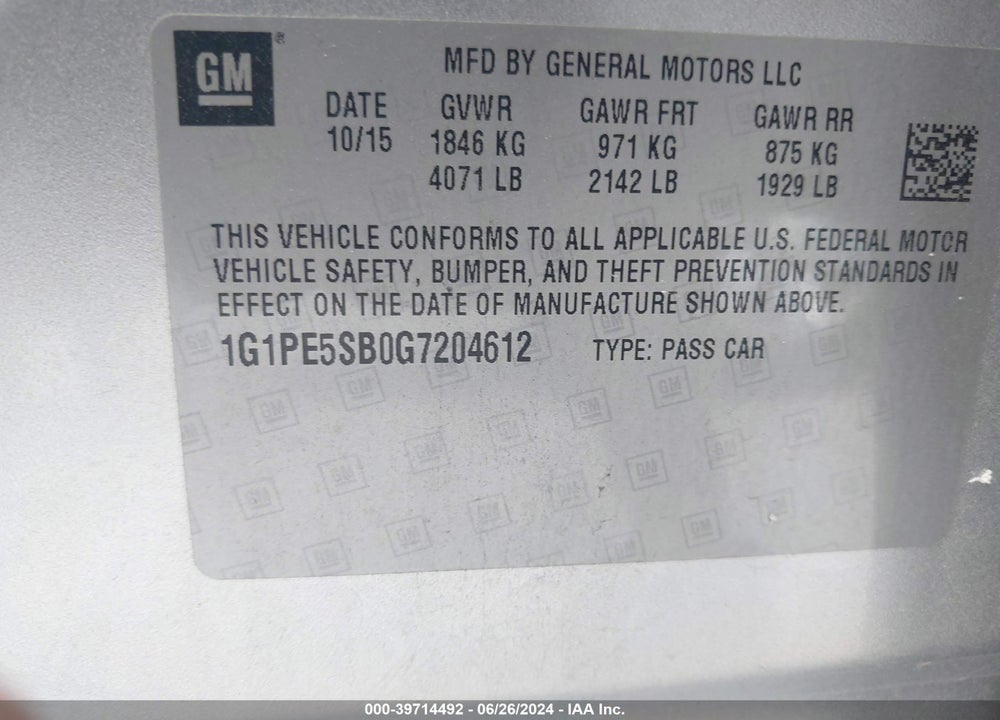 2016 CHEVROLET CRUZE LIMITED 1LT AUTO VIN: 1G1PE5SB0G7204612