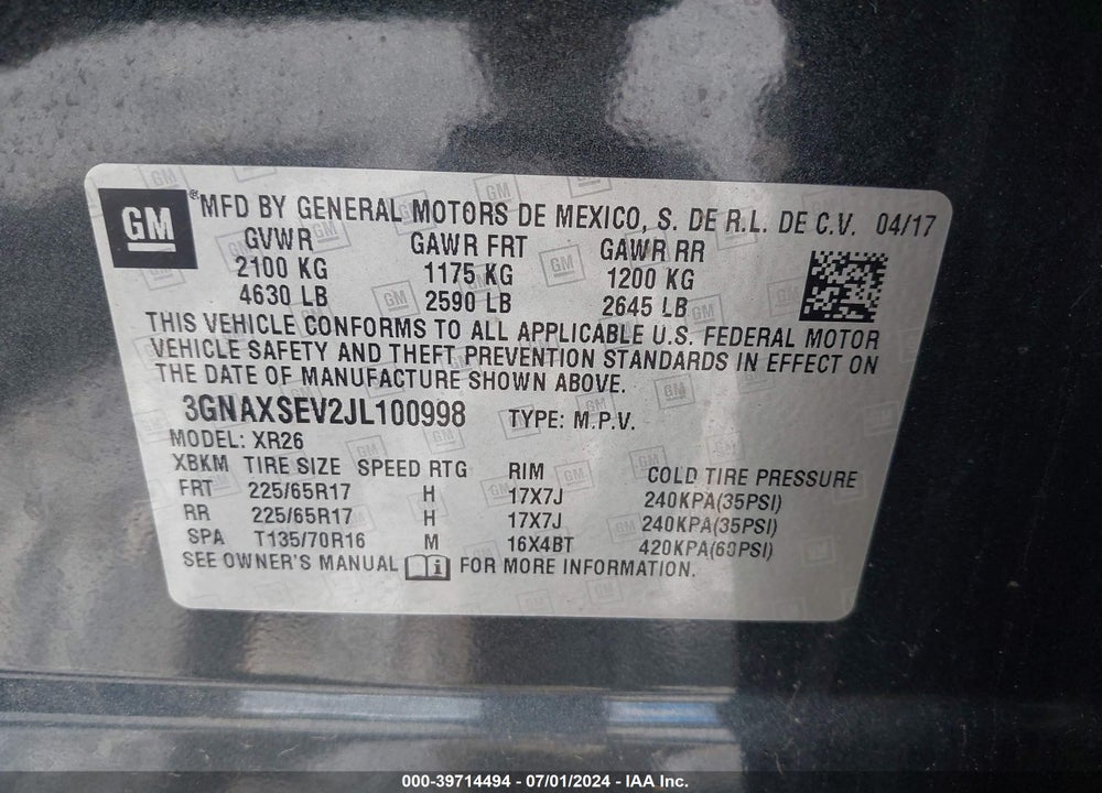2018 CHEVROLET EQUINOX LT VIN: 3GNAXSEV2JL100998