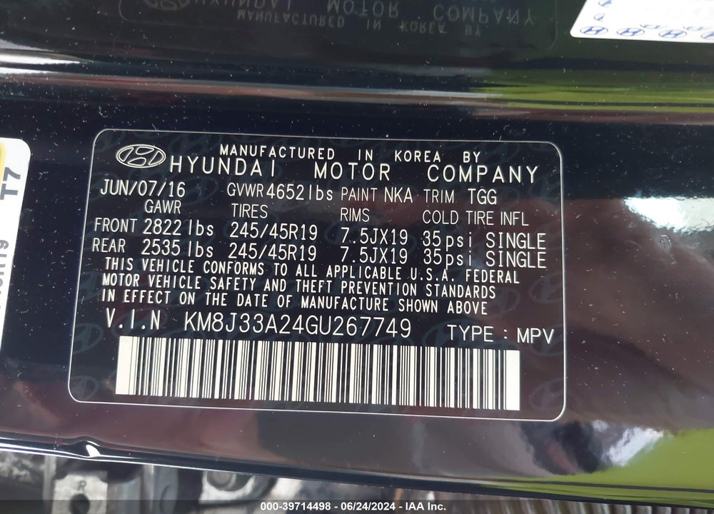 2016 HYUNDAI TUCSON SPORT VIN: KM8J33A24GU267749
