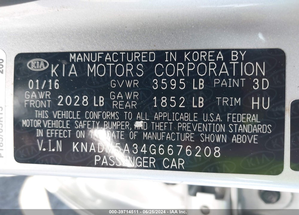2016 KIA RIO LX VIN: KNADM5A34G6676208
