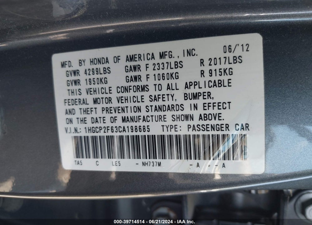 2012 HONDA ACCORD 2.4 SE VIN: 1HGCP2F63CA198685