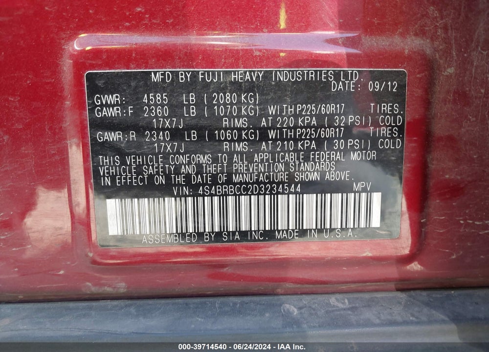 2013 SUBARU OUTBACK 2.5I PREMIUM VIN: 4S4BRBCC2D3234544