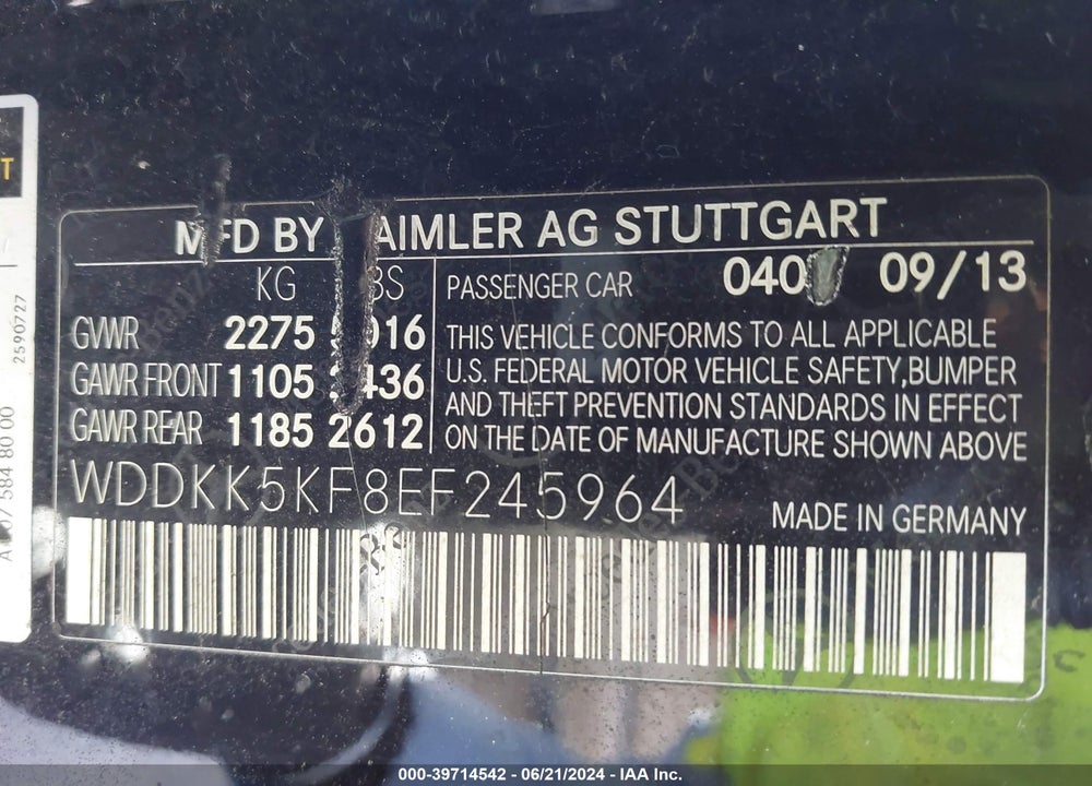 2014 MERCEDES-BENZ E 350 VIN: WDDKK5KF8EF245964