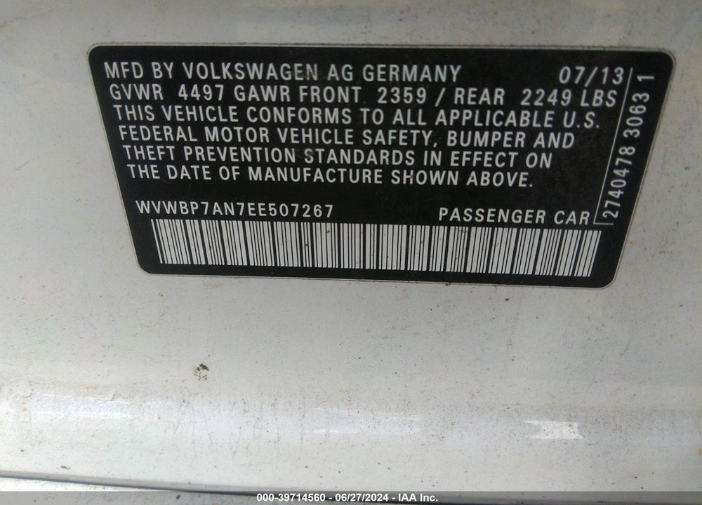 2014 VOLKSWAGEN CC 2.0T SPORT VIN: WVWBP7AN7EE507267