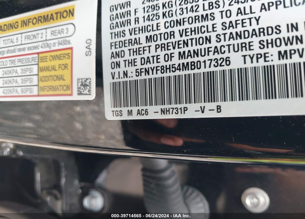 2021 HONDA PASSPORT AWD EX-L VIN: 5FNYF8H54MB017326